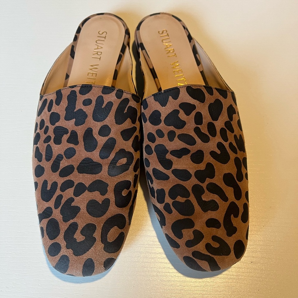 Stuart Weitzman Leopard Animal Print Mulearky Suede Slip-On Mules Size 8